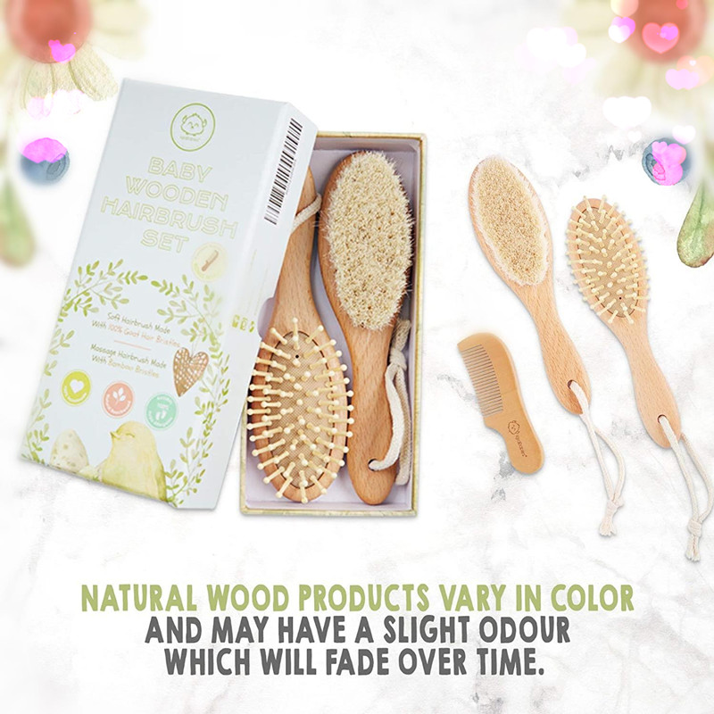 Ensemble de 3 brosses et peignes à cheveux en bois pour bébé (3 pièces) pour nouveau-nés et tout-petits, poils de chèvre doux naturels pour berceau, brosse à bébé à poils de bois pour massage, parfait pour le registre de bébé