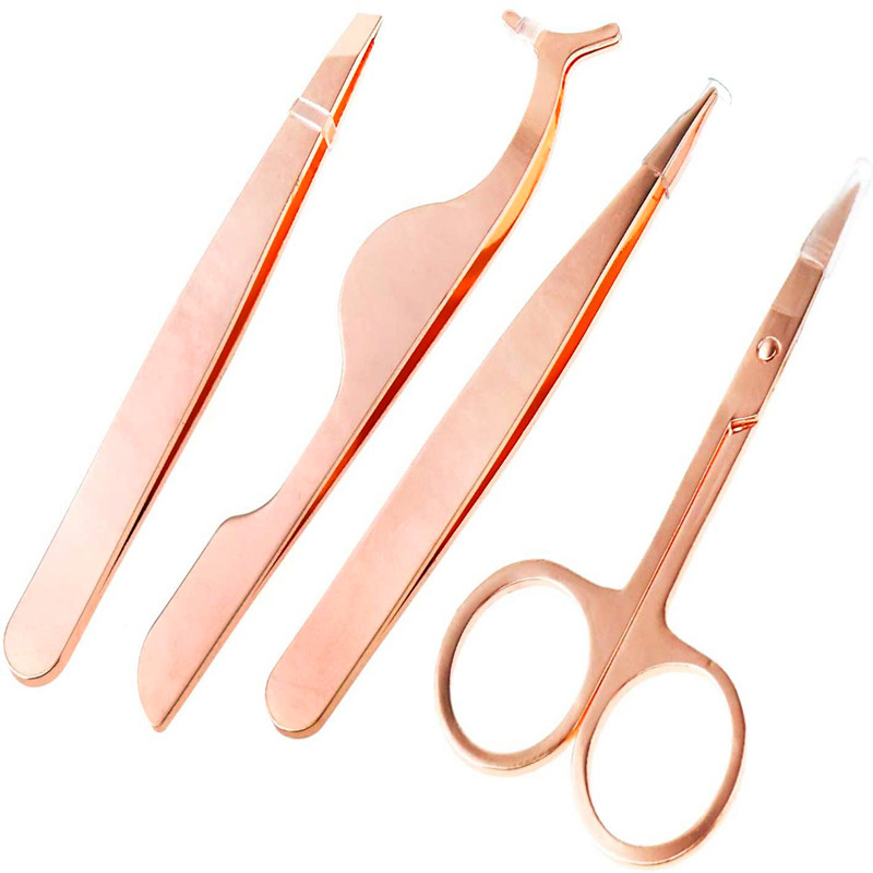 4pcs ensemble de ciseaux à sourcils en or rose en acier inoxydable pincettes cils applicateur pointe inclinée pincettes à cheveux maquillage utiliser trousse à outils