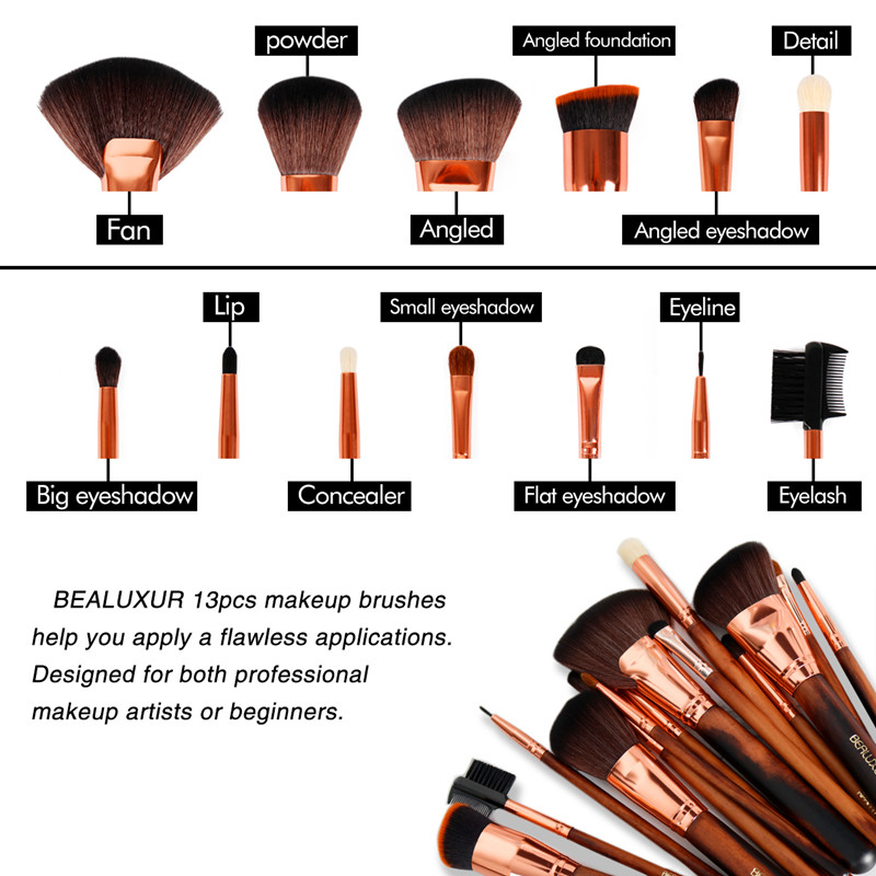 BEALUXUR 13pcs pinceaux de maquillage avec sac en cuir Kit de pinceau cosmétique synthétique de qualité supérieure Ensemble de pinceaux respectueux de l'environnement