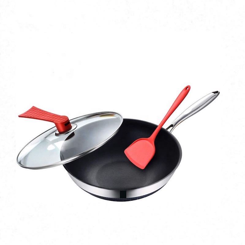wok à frire en acier inoxydable avec couvercle