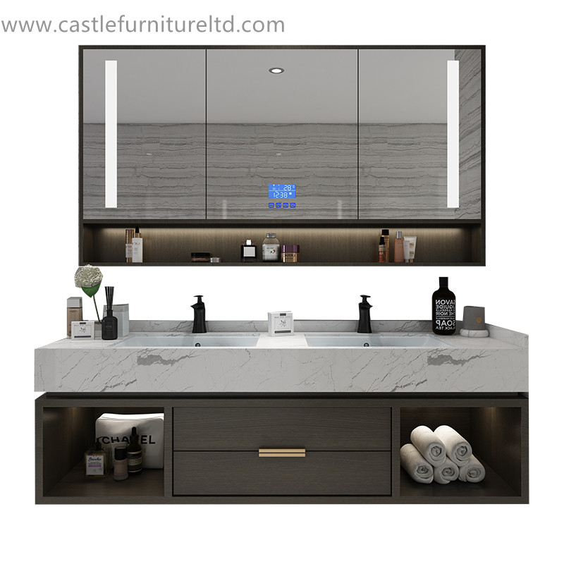 Combinaison de meuble de salle de bain en chêne Nordique simple armoire en bois massif salle de bain miroir intelligent salle de bain lavage gargarisme stade lavabo en marbre