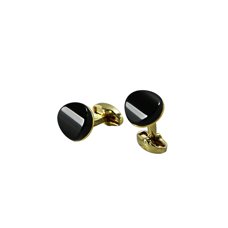 Boutons de manchette ronds simples en plaqué or agate noire