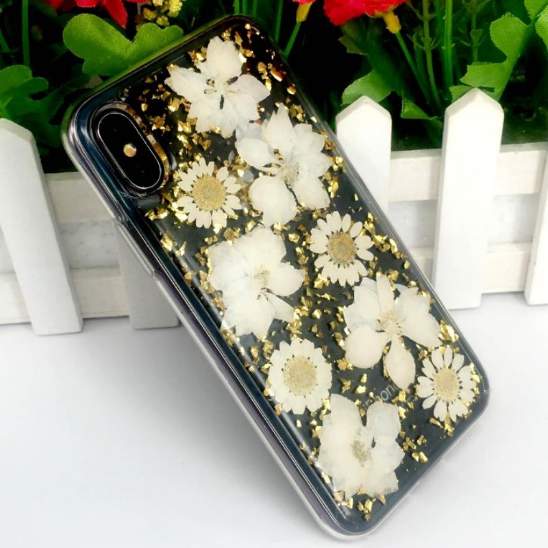 IPhone direct du fabricant avec adhésif en feuille d'or véritable fleur séchée fleur étui transparent incassable en TPU apple