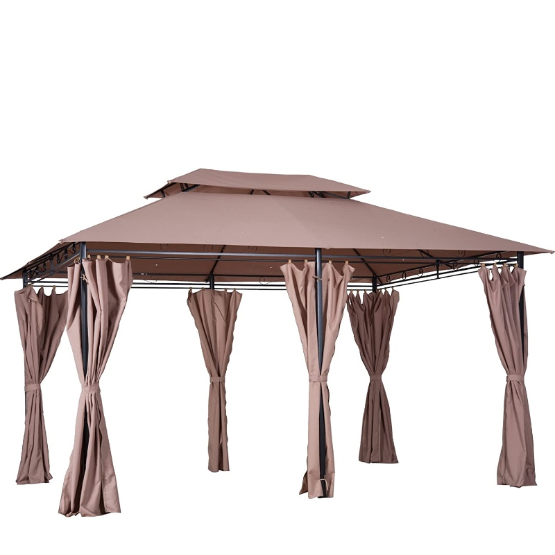 Gazebo extérieur à cadre en métal à 2 niveaux de 10 pi x 13 pi avec rideaux pour terrasse