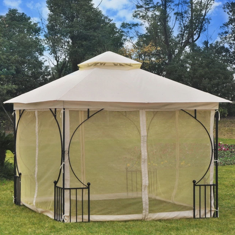 Auvent de gazebo de jardin extérieur en acier de 10 pi x 10 pi avec murs en filet et un toit résistant aux rayons UV