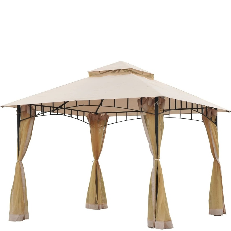 Auvent de gazebo extérieur en acier de 10 pi x 10 pi avec filet de protection en filet, construction de toit intelligente à deux niveaux, style moderne