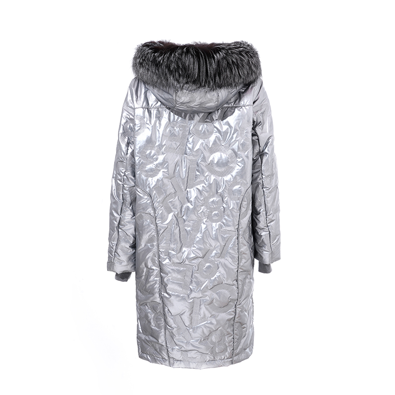 Manteau chaud long en tissu métallisé gaufré lettres