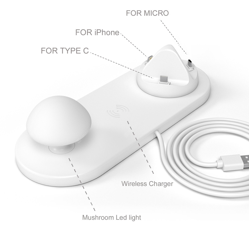 Base de charge sans fil 3 en 1 lampe de robinet en forme de champignon Usb chargeur multi-port lampe de nuit champignon - blanc