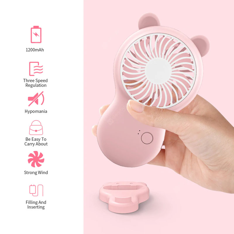 Mini ventilateur portatif à air de refroidissement, alimentation de voyage, batterie rechargeable USB de bureau, alimenté par support de téléphone pour l'extérieur - rose