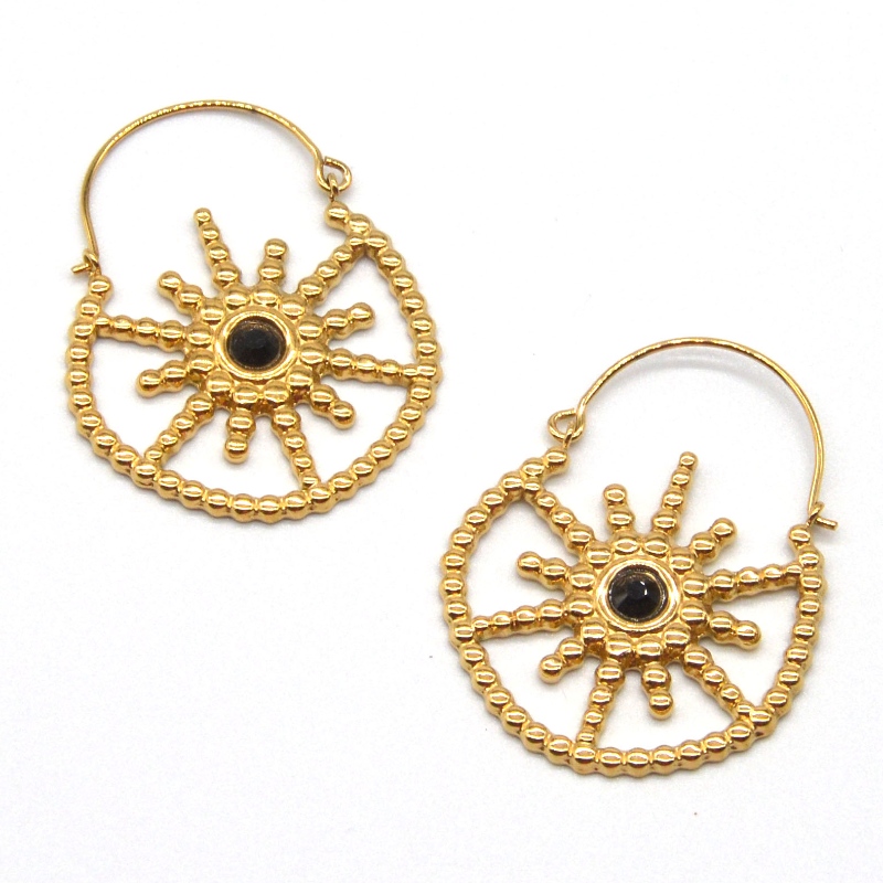 Bijoux plaqués or pour femmes de style bohème vintage boucles d'oreilles en agate noire florale Chine Ruifanbao usine de traitement de bijoux