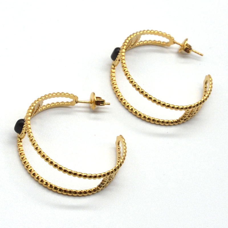 Boucles d'oreilles en or, boucles d'oreilles en forme de C, agate noire, oreilles sensibles féminines, bijoux hypoallergéniques, usine de transformation de bijoux en Chine Ruifanbao