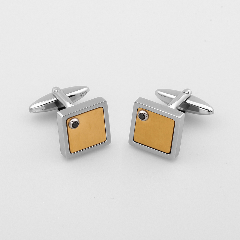 Boutons de manchette pour homme en acier inoxydable plaqué or bicolore Pierre CZ noire