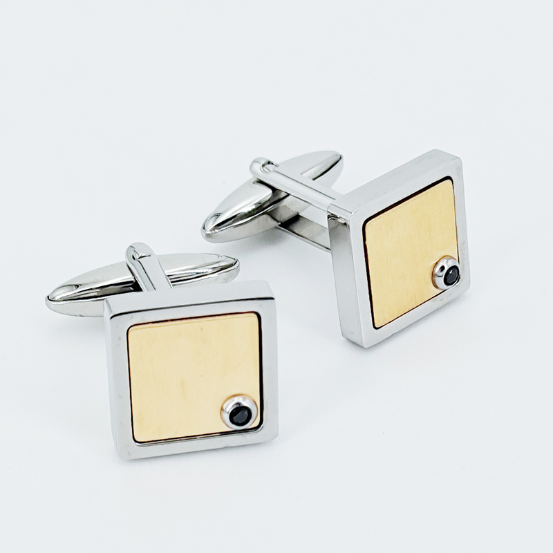 Boutons de manchette pour homme en acier inoxydable plaqué or bicolore Pierre CZ noire