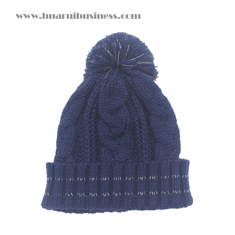 Bonnet à revers torsadé en grosse maille mélangée, chapeau, tuque, unisexe, bonnet d'hiver avec pompon, revers avec bandes réfléchissantes, pompon avec effet réfléchissant également