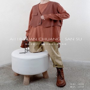 Simple design compact style rond style de couture manches style loisir coton pur et lin sur mesure 19538 t - shirt + gilet