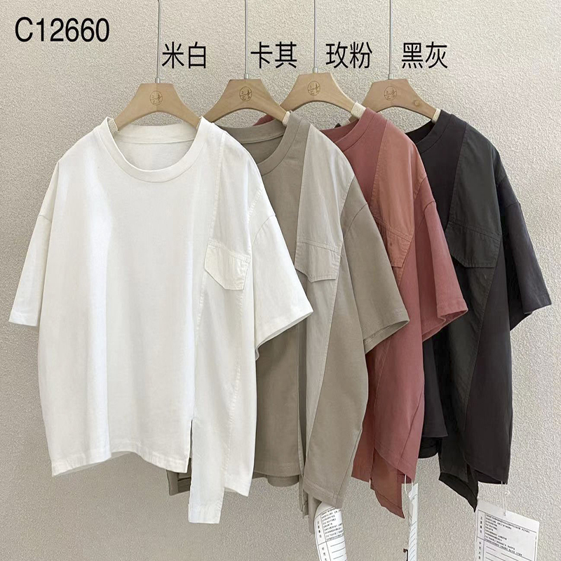 Conception large, simple, col rond, couture, manches, loisirs, coton, coton, coton, monotone, 12660 t - shirts.