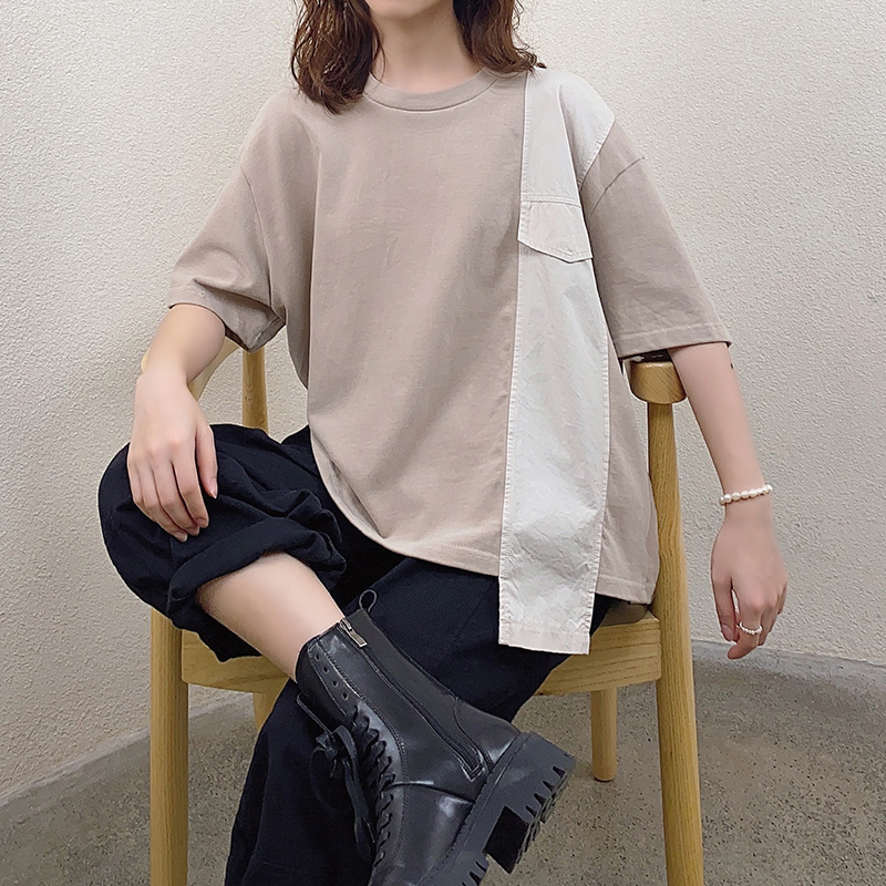Conception large, simple, col rond, couture, manches, loisirs, coton, coton, coton, monotone, 12660 t - shirts.