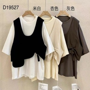 Coupe ample Style minimaliste à col rond Style de manches cousues Décontracté Surdimensionné en coton et lin de couleur unie sur mesure 19527 T-shirts + gilets