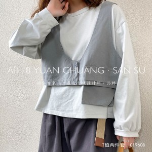 Simple design compact style rond style de couture manches style loisir pur coton sur mesure 19608 t - shirt + gilet