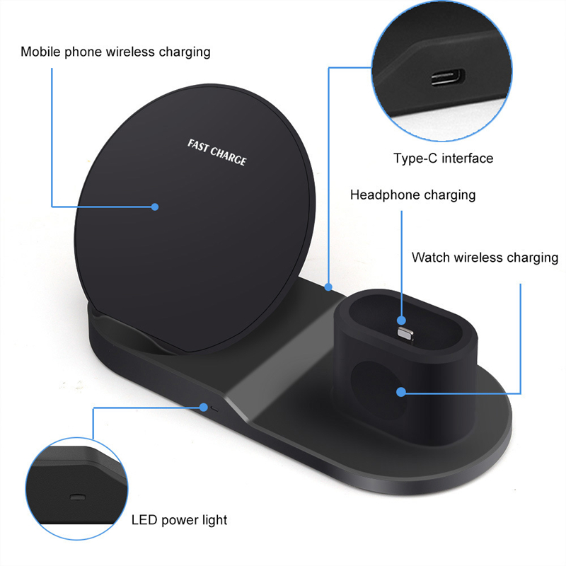 3 en 1 QI Wireless Charger Wireless Wireless Charger Stand Station de chargement sans fil Station de quai pour iPhone