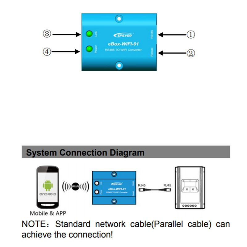 WiFi Serial Serial Seral RS485 à l'application de support WiFi pour l'inverseur du contrôleur Soalr Epsolar LSB LSB VS-A vs-bn tracera tracer-bn shi shi