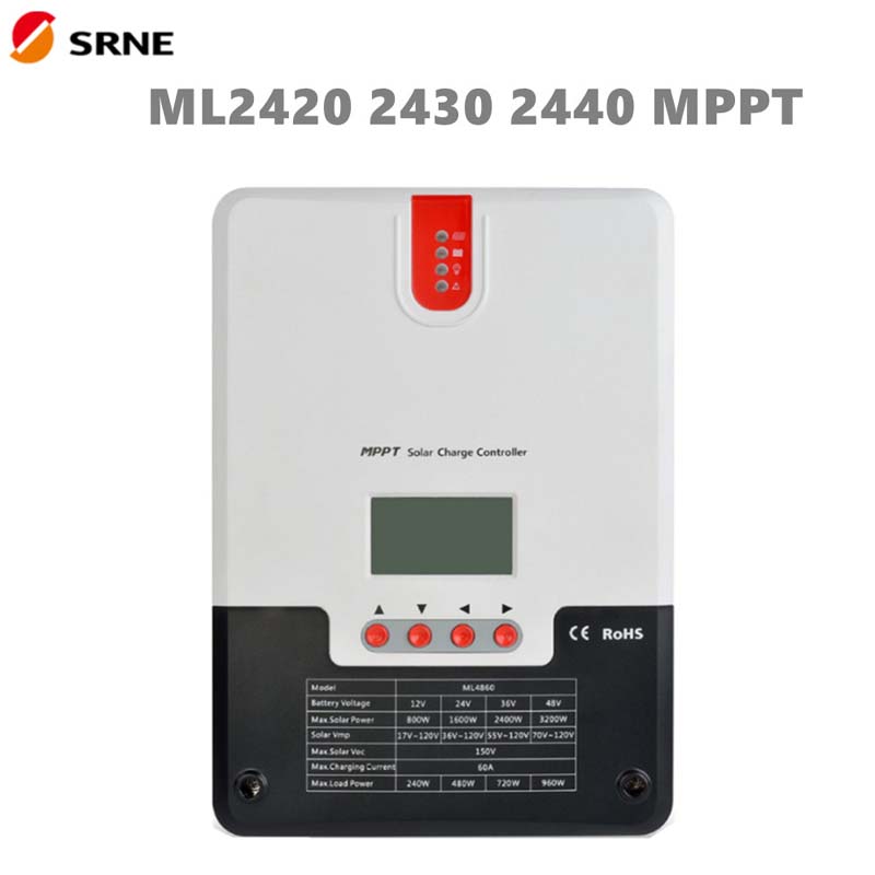 Contrôleur de charge solaire SRNE MPPT 20A 30A 40A 12V24V LCD MAX100V SOALR Panneau de panneau pour la batterie Li-ion de gel d'acide hors réseau