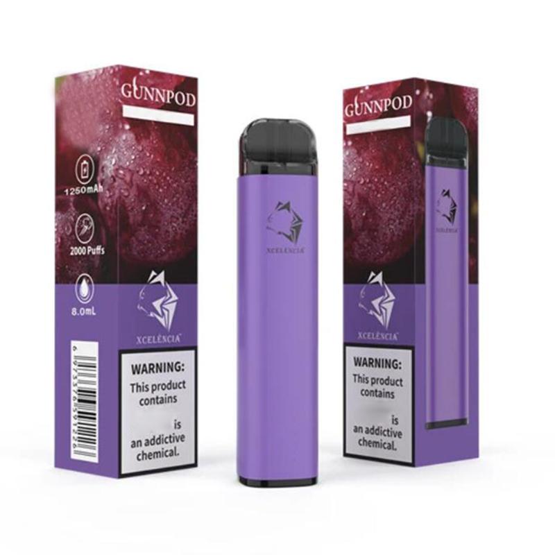 GRUNNPOD 2000 Puffs Vêtements jetables pré-remplis de la batterie de 1250mAh E Cigarette Deivce 18350 8ml Vaporisateur Kit de démarreur VS elf Bar 20 Flavs Stylo Pod Gunpod
