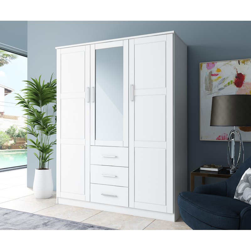 MWD22008-Wood Famille en bois massif/closet/closet, placard à 3 portes avec miroir et 3 tiroirs, blanc.