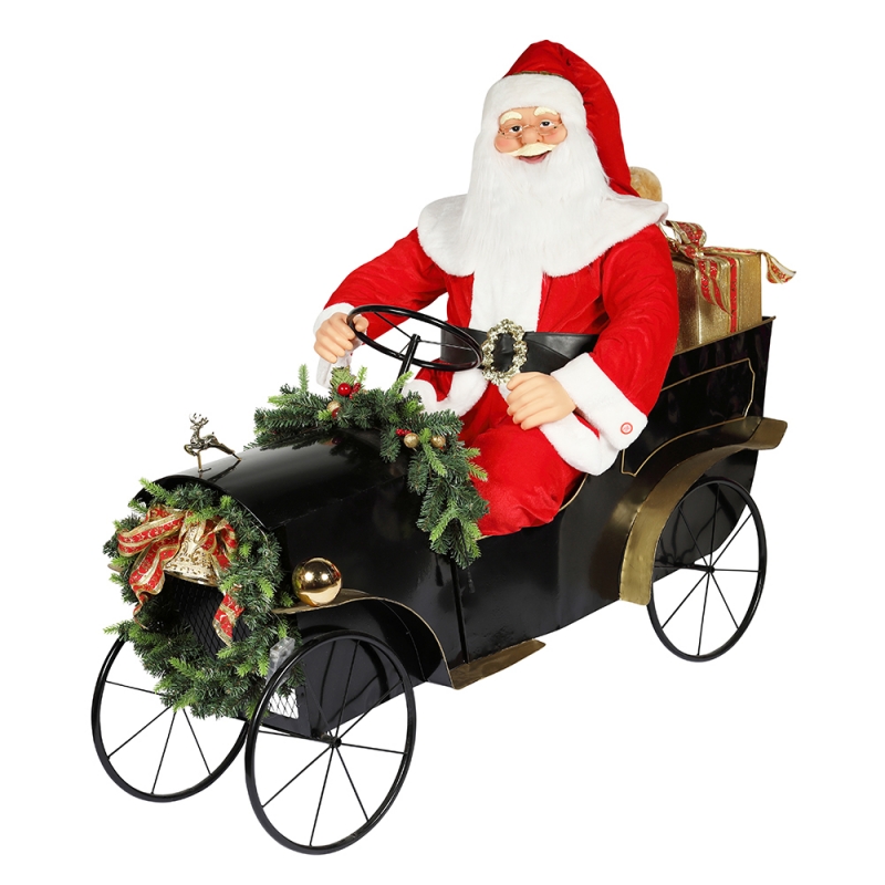 150cm Assis Sleigh Santa Claus avec ornement d'éclairage Décoration de Noël Figurine de vacances traditionnelle Collection