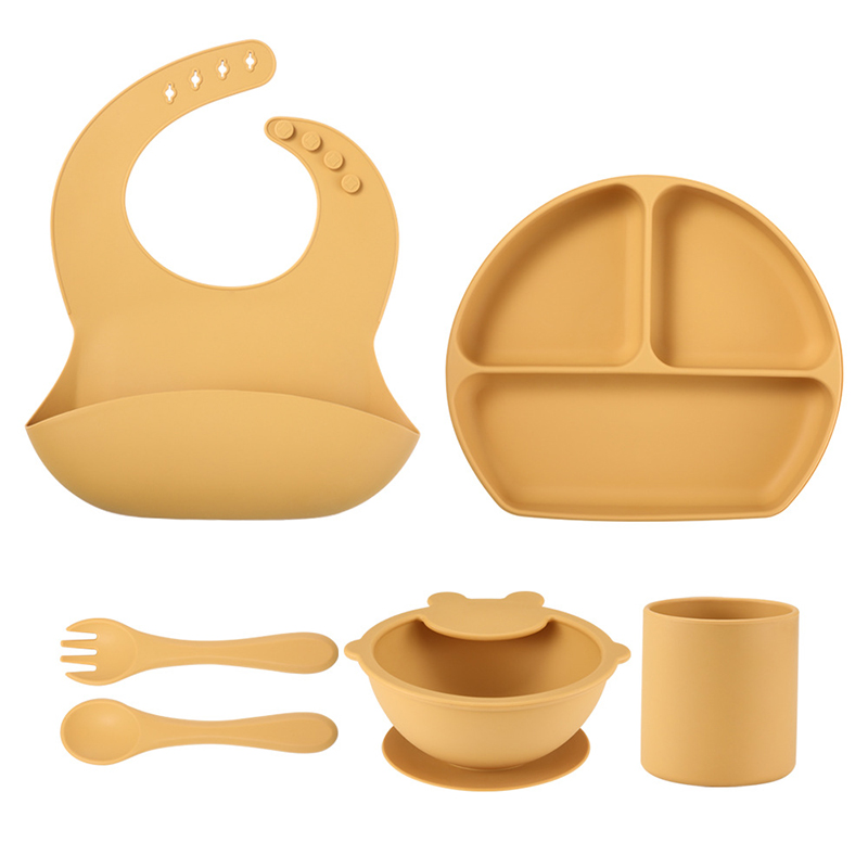 Ensemble d'alimentation pour bébés en silicone, bol à plaque sévèrement divisé, bavoir en silicone, coupe de boisson, cuillère