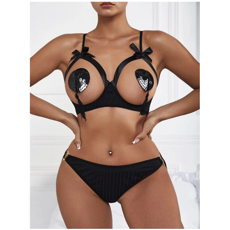 Femmes Bowknot Thongs Sexy Lingerie Sleep Height Key Set Dames Dentelle érotique Lingerie sexy
