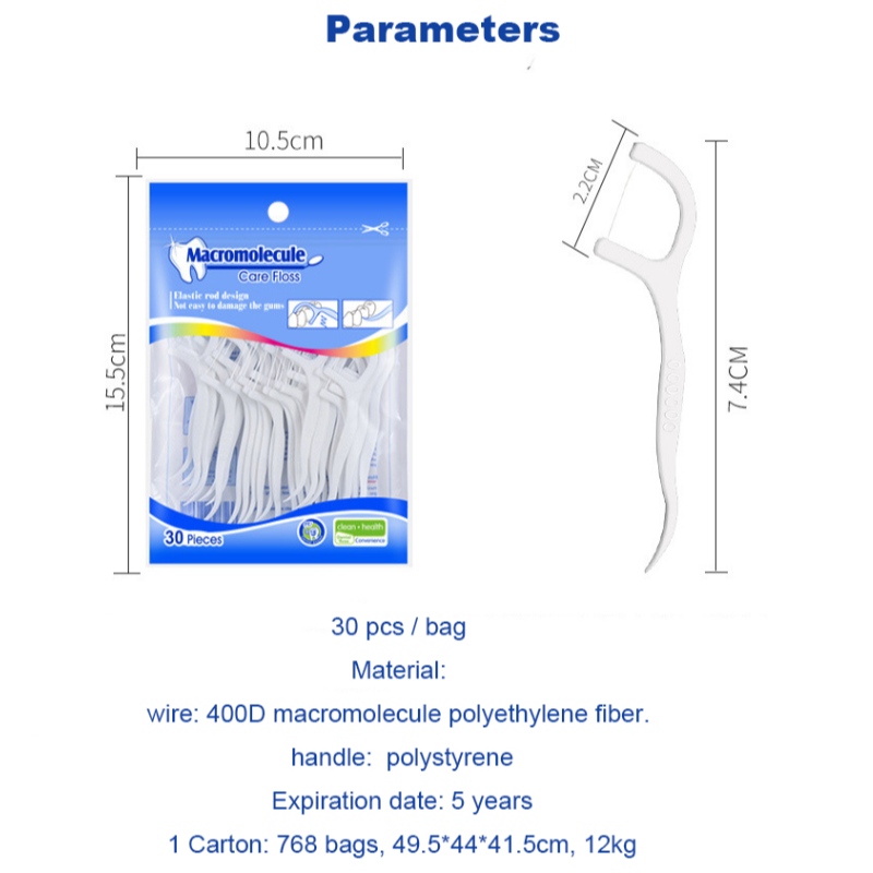 30 choix Macromolécule de haute qualité Fibre de polyéthylène Stock en gros OEM Sac de label privé sac dentaire Pick