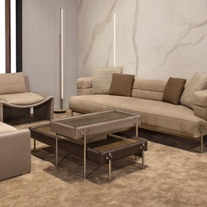 Mélange minimaliste italien Minimalist Narding Design Jambes en acier inoxydable Rectangle en boisnaturel Table de table en cuir Table basse