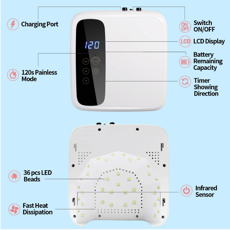 M&R 602pro lampe à ongles LED sans fil, séchoir à ongles sans fil, lumière à ongles LED rechargeable 72W, lampe à ongles à LED UV en gel portable avec capteur de réglage de la minuterie et écran LCD, lampe à ongles LED professionnelle pour le vernis en gel
