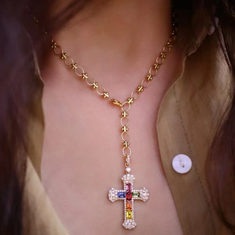 Bijoux tuochen Nouveau design18k/14k/10k or avec un pendentif croix en pierre de couleurnaturelle