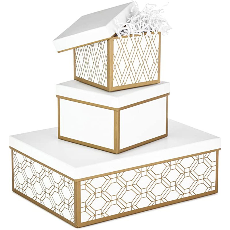 Boîtes-cadeaux imbriqués pointues avec couvercles et remplissage (ensemble de 3, blanc et or, tailles assorties) pour les mariages, douchesnuptiales, demoiselles d'honneur, Noël, Hanoukka, anniversaires, Saint-Valentin \\\\\\ la journée