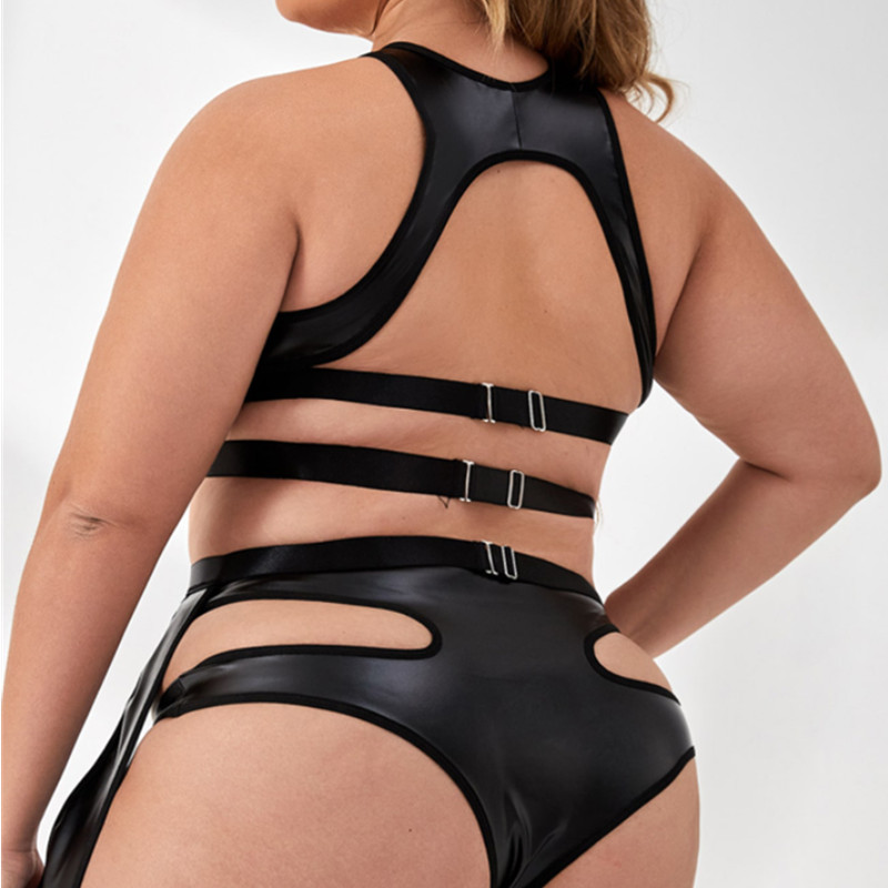 Détail de découpe solide Pu Garter Lingerie Set Cool Pu Teddies and Bustiers