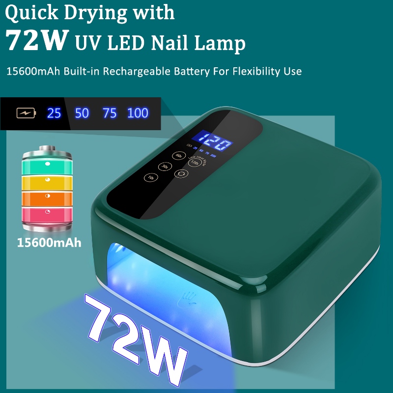 M&R 602PRO Green LED sans fil lampe à ongles, séchoir à ongles sans fil, lumière à ongles LED rechargeable 72W, lampe à ongles à LED UV en gel portable avec capteur de réglage à 4