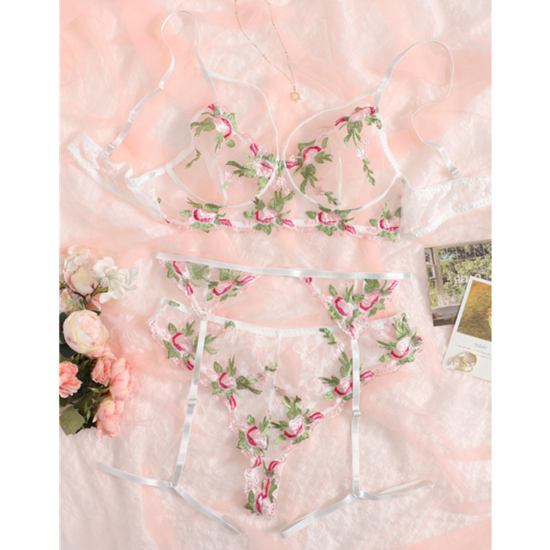 Ensemble de lingerie Garter Lingerie de broderie florale en maille