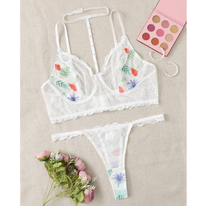 Lingerie de harnais de dentelle à imprimé floral avec string