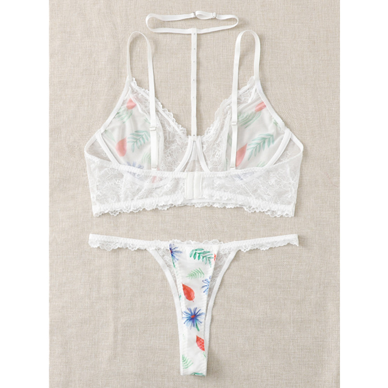 Lingerie de harnais de dentelle à imprimé floral avec string