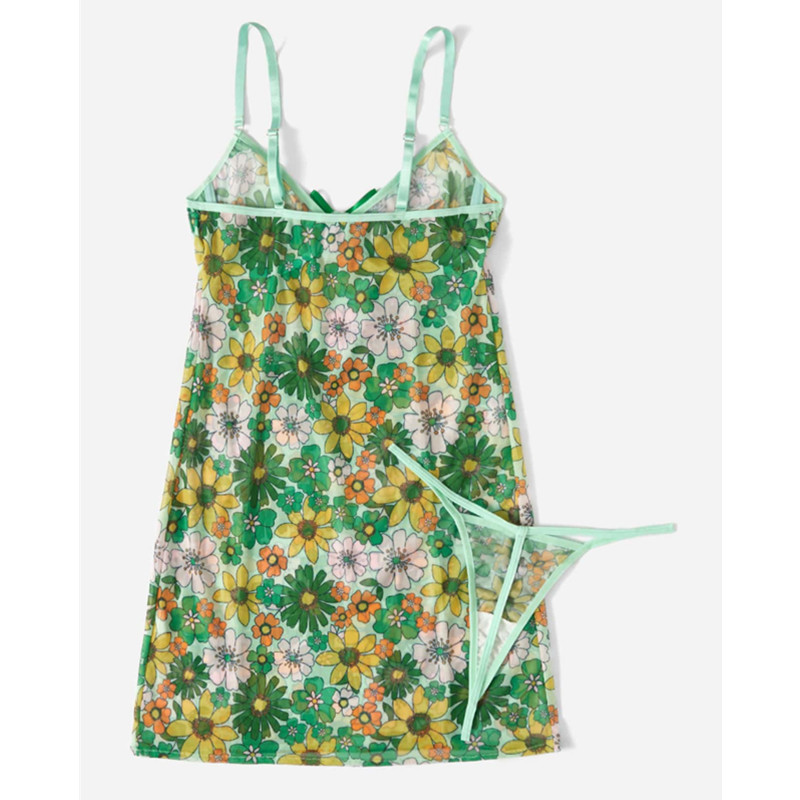 Printemps floral imprime camienouette ànœud baissier avec string de contraste sexy