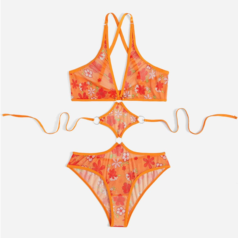 Jeu de bandage à imprimé floral en peluche de lingerie sexy