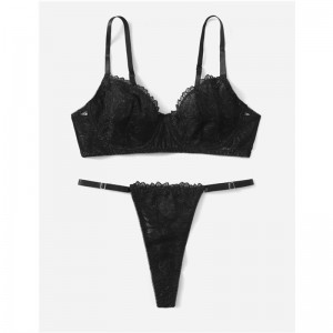 Black Frills Trim Lace Lingerie Ensemble avec un string de dentelle sexy