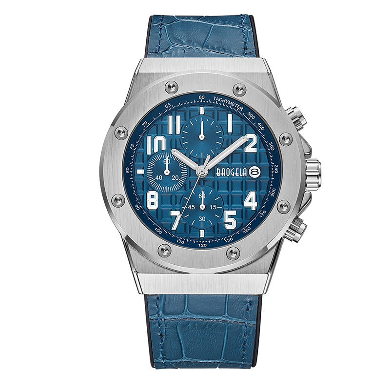 Chronographe Baogela Mens Watches Quartz 2022 Nouvelles sports imperméables Casual-Grow Watch Man Horloge en cuir 1805 Bleu