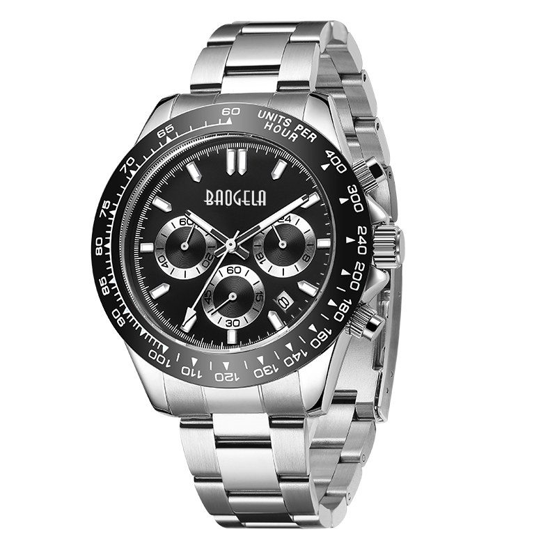 Baogela Men Watch Top Brand Brand Luxury Sports Quartz Watches Strap en acier inoxydable Chronographe étanche Chronographe Wrist 2210 Black Blanc