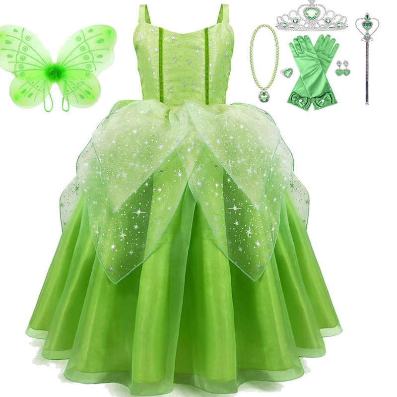 Girl Flower Fairy Tinker Bell Haby Up Kids Princess Girl Cosplay With Wings Halloween Costume Party Robe