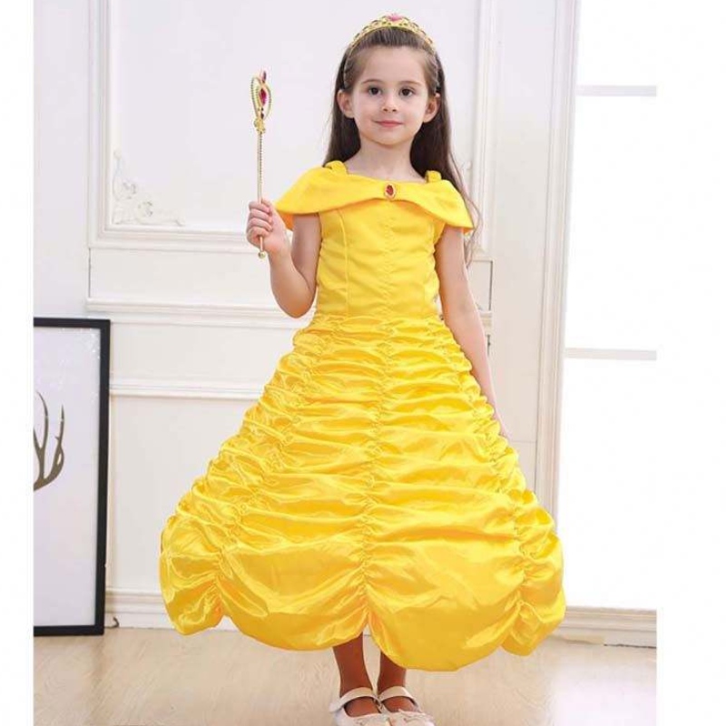 Halloween Children Vêtements superposés à l'épaule Princesse jaune Belle Costume Petites filles Halloween Robe HCBL-001