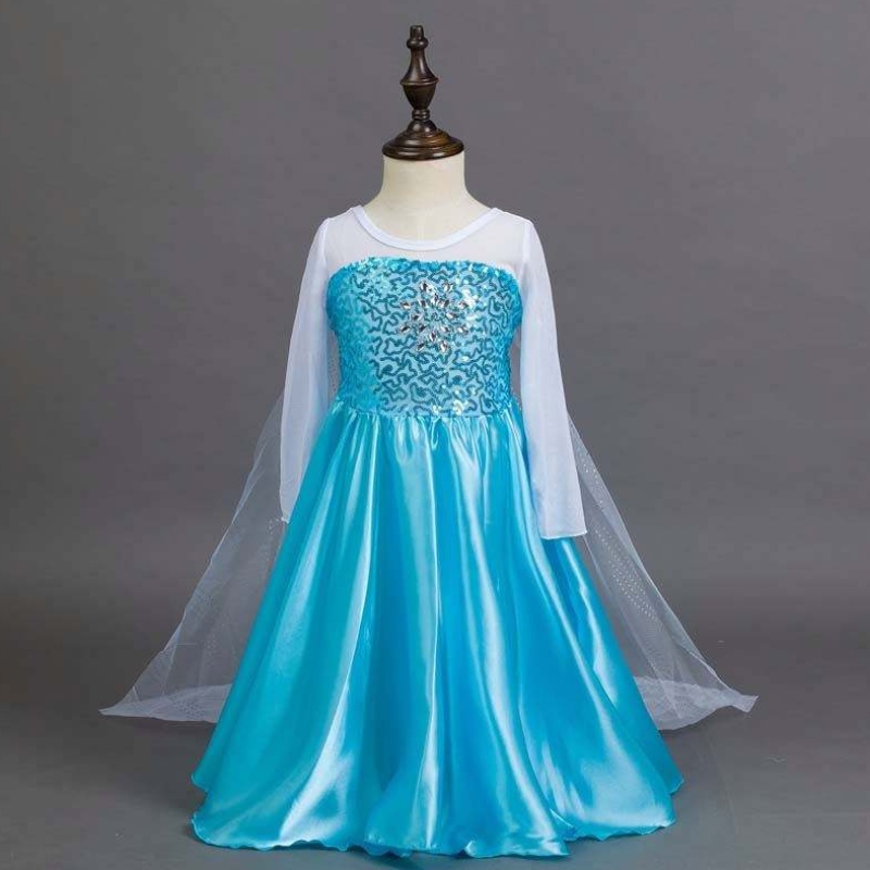 Snow Party Queen Halloween Costume bleu manches longues Snow Queen Sequin Elsa Robe pour filles avec accessoires HCGD-006