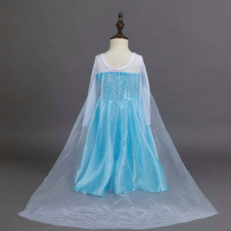 Snow Party Queen Halloween Costume bleu manches longues Snow Queen Sequin Elsa Robe pour filles avec accessoires HCGD-006